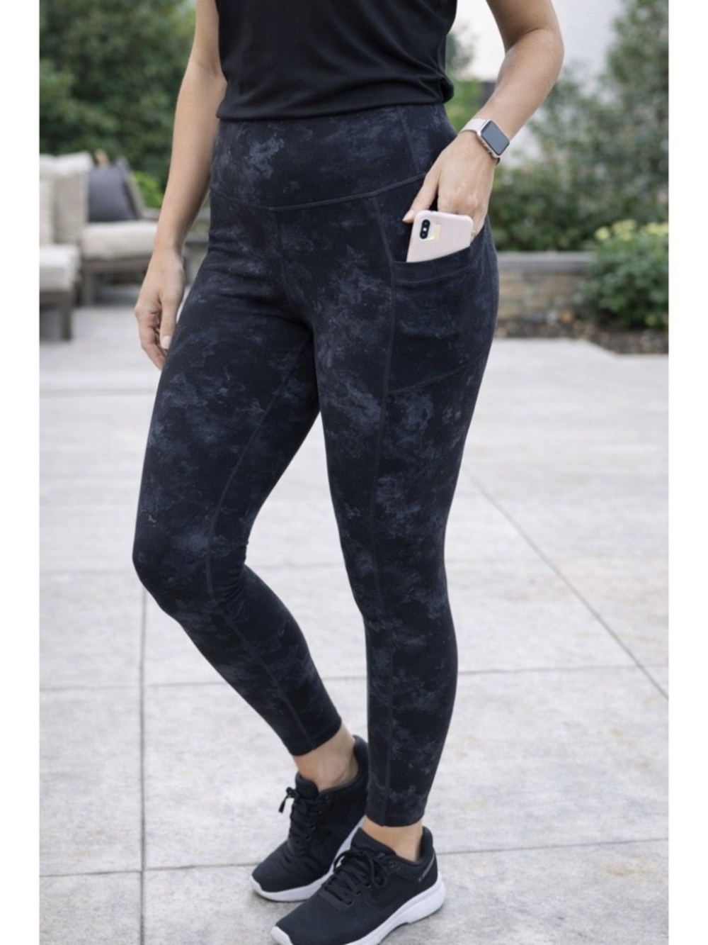 Danskin Moisture-Wicking Wide Waistband Pockets Brushed Legging XL Black Blue
